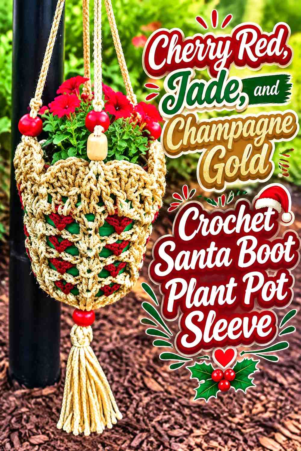 Cherry Red, Jade, and Champagne Gold Crochet Santa Boot Plant Pot Sleeve