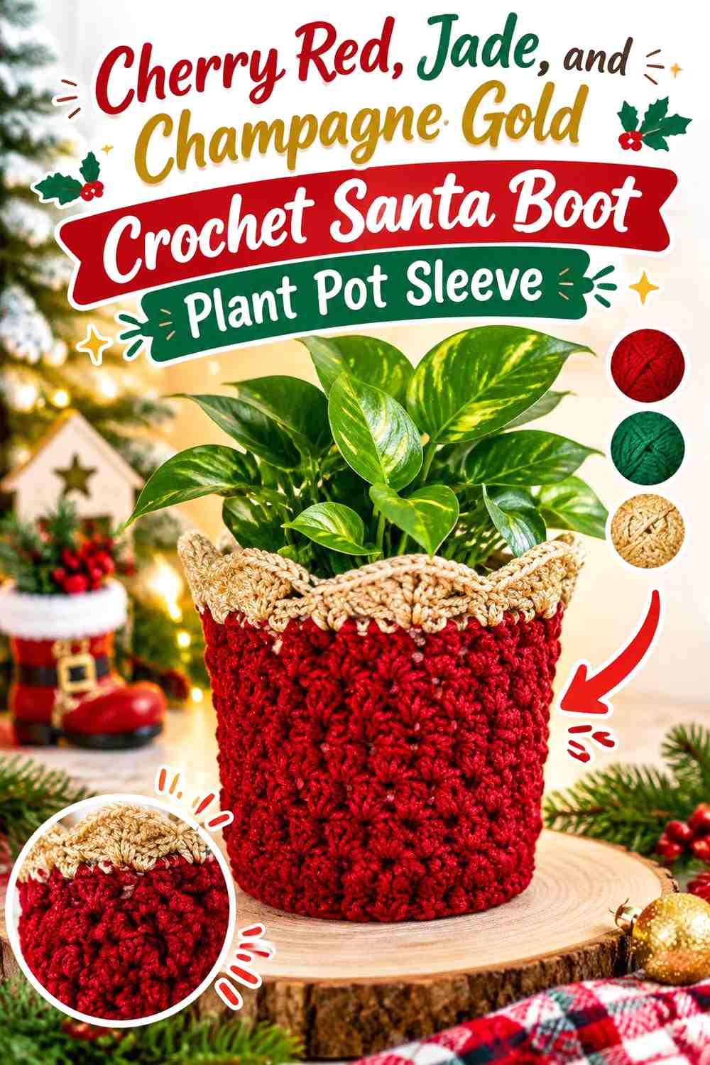 Cherry Red, Jade, and Champagne Gold Crochet Santa Boot Plant Pot Sleeve