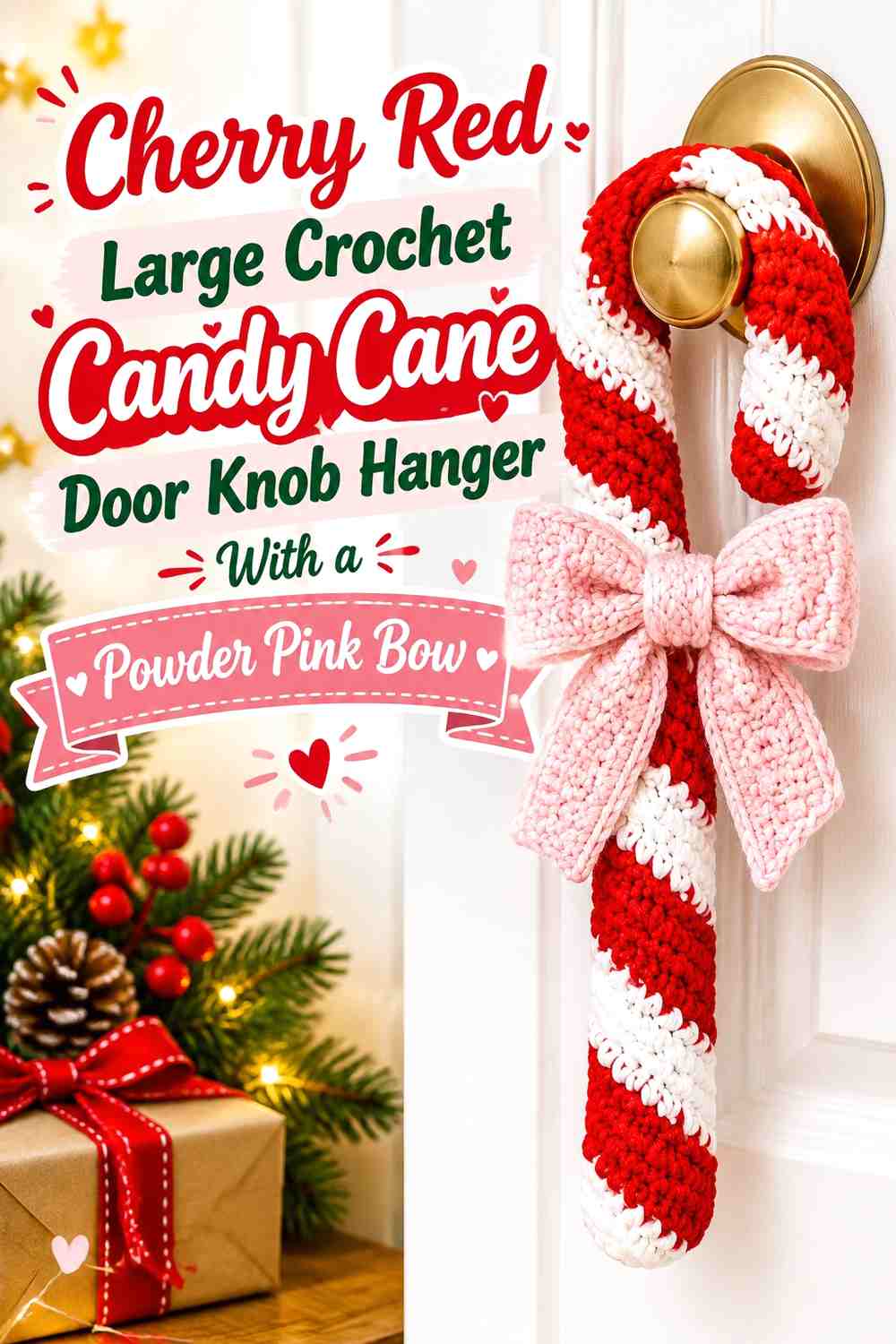 Cherry Red Large Crochet Candy Cane Door Knob Hanger With a Powder Pink Bow