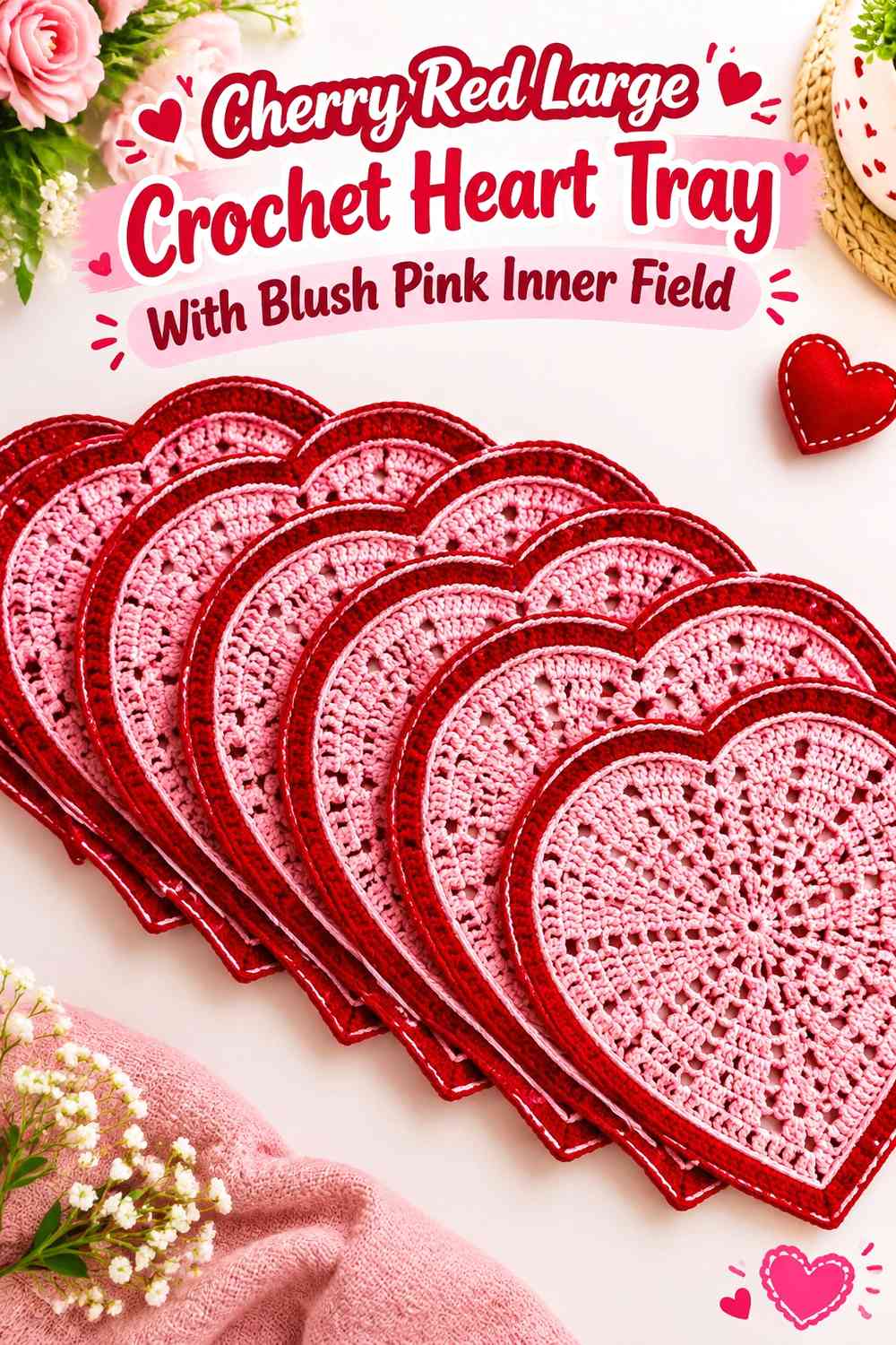 Cherry Red Large Crochet Heart Tray With Blush Pink Inner Field