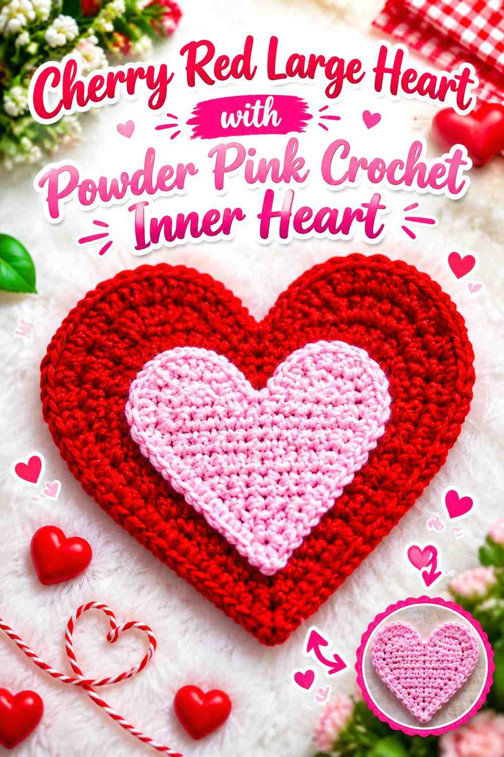 Cherry Red Large Heart with Powder Pink Crochet Inner Heart