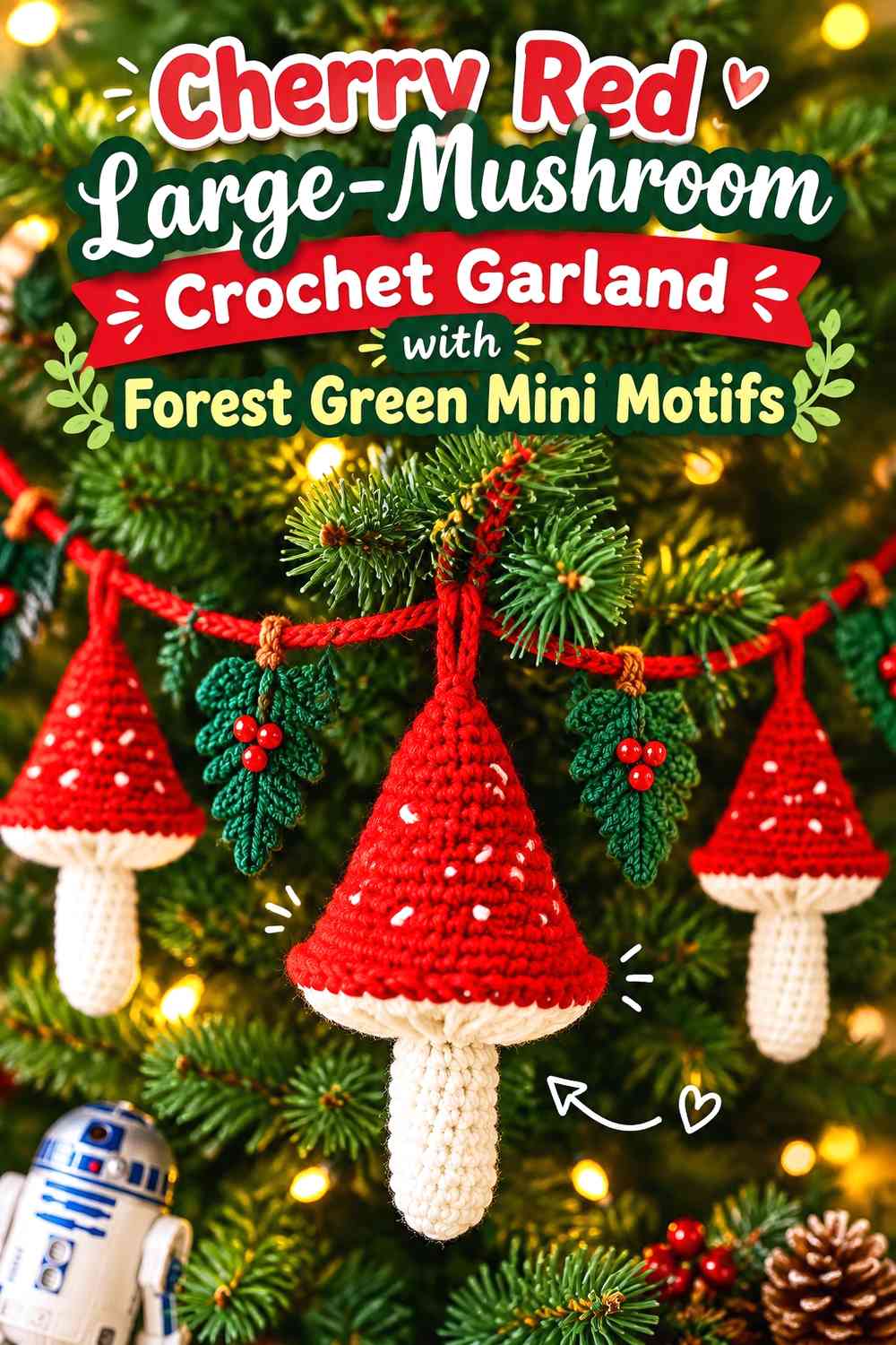 Cherry Red Large-Mushroom Crochet Garland with Forest Green Mini Motifs