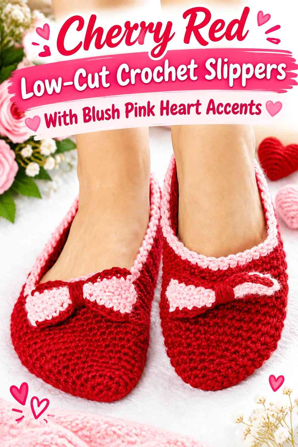 Cherry Red Low-Cut Crochet Slippers With Blush Pink Heart Accents