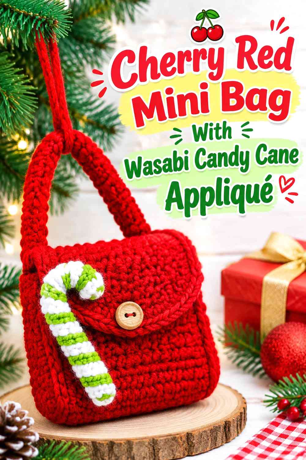 Cherry Red Mini Bag With Wasabi Candy Cane Appliqué
