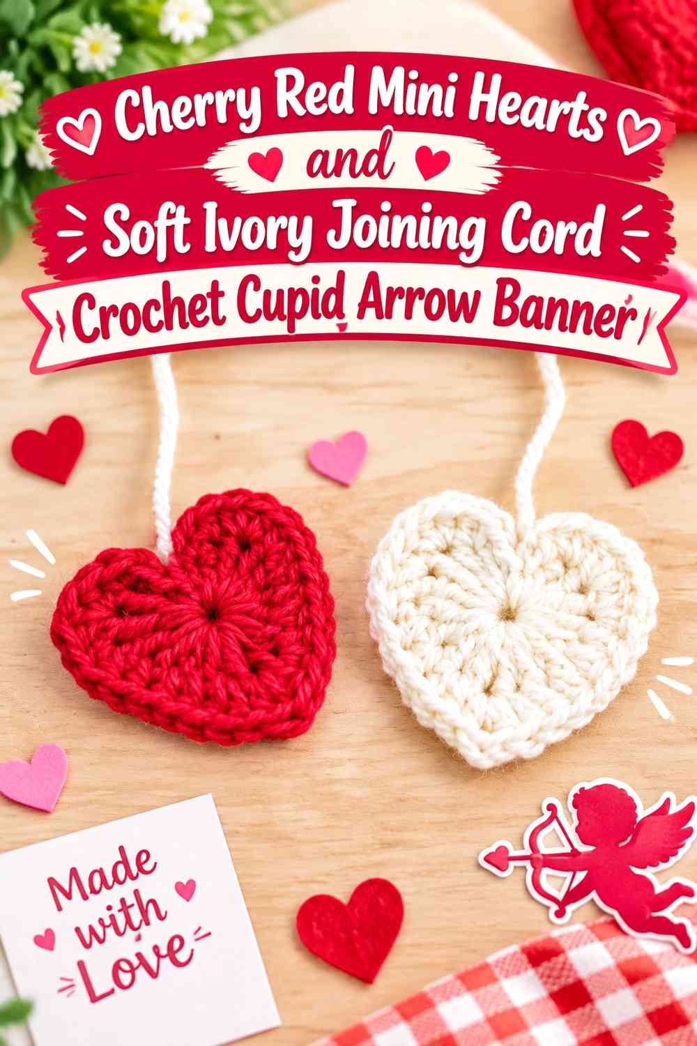 Cherry Red Mini Hearts and Soft Ivory Joining Cord Crochet Cupid Arrow Banner