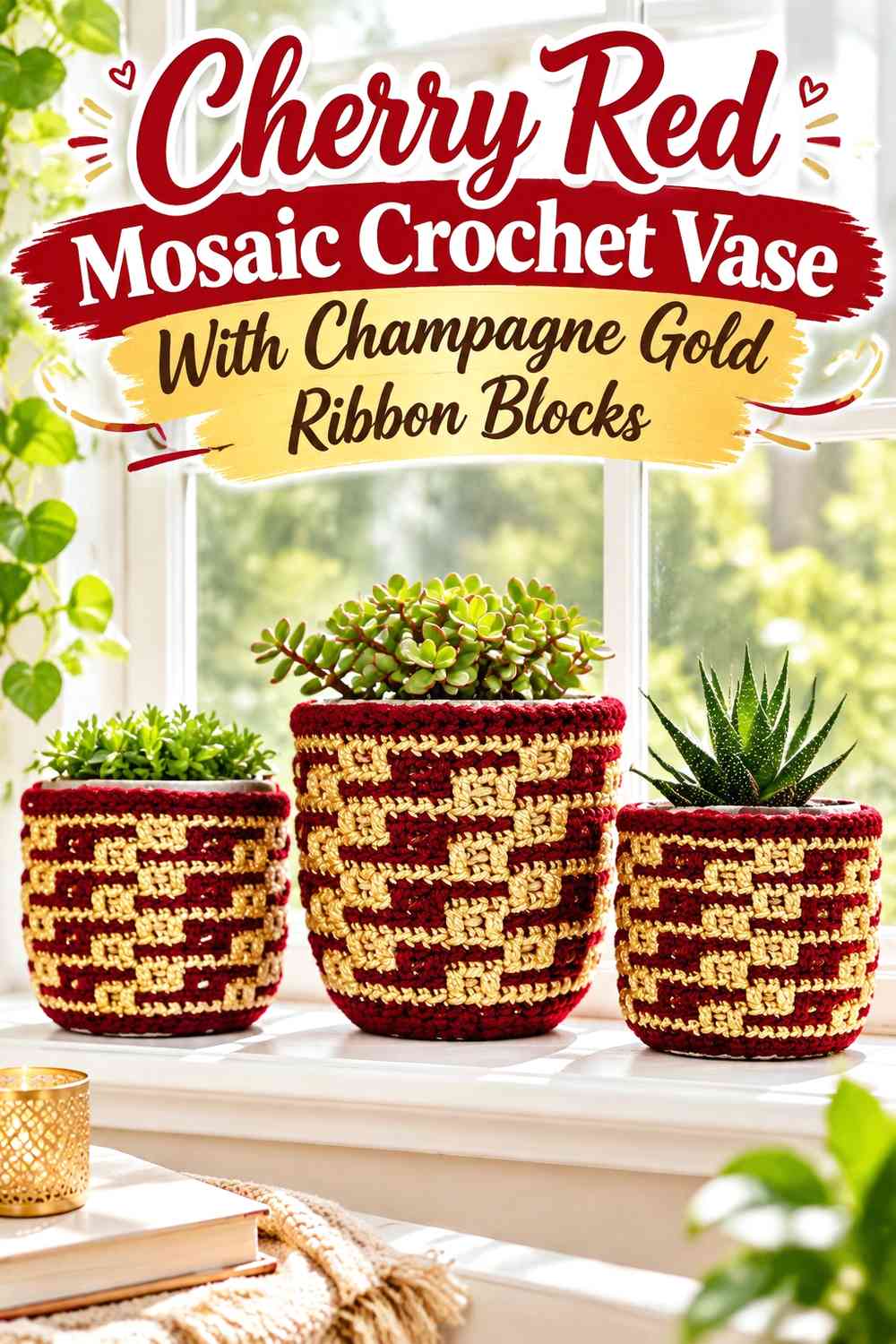 Cherry Red Mosaic Crochet Vase With Champagne Gold Ribbon Blocks