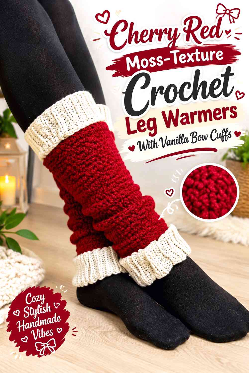 Cherry Red Moss-Texture Crochet Leg Warmers With Vanilla Bow Cuffs