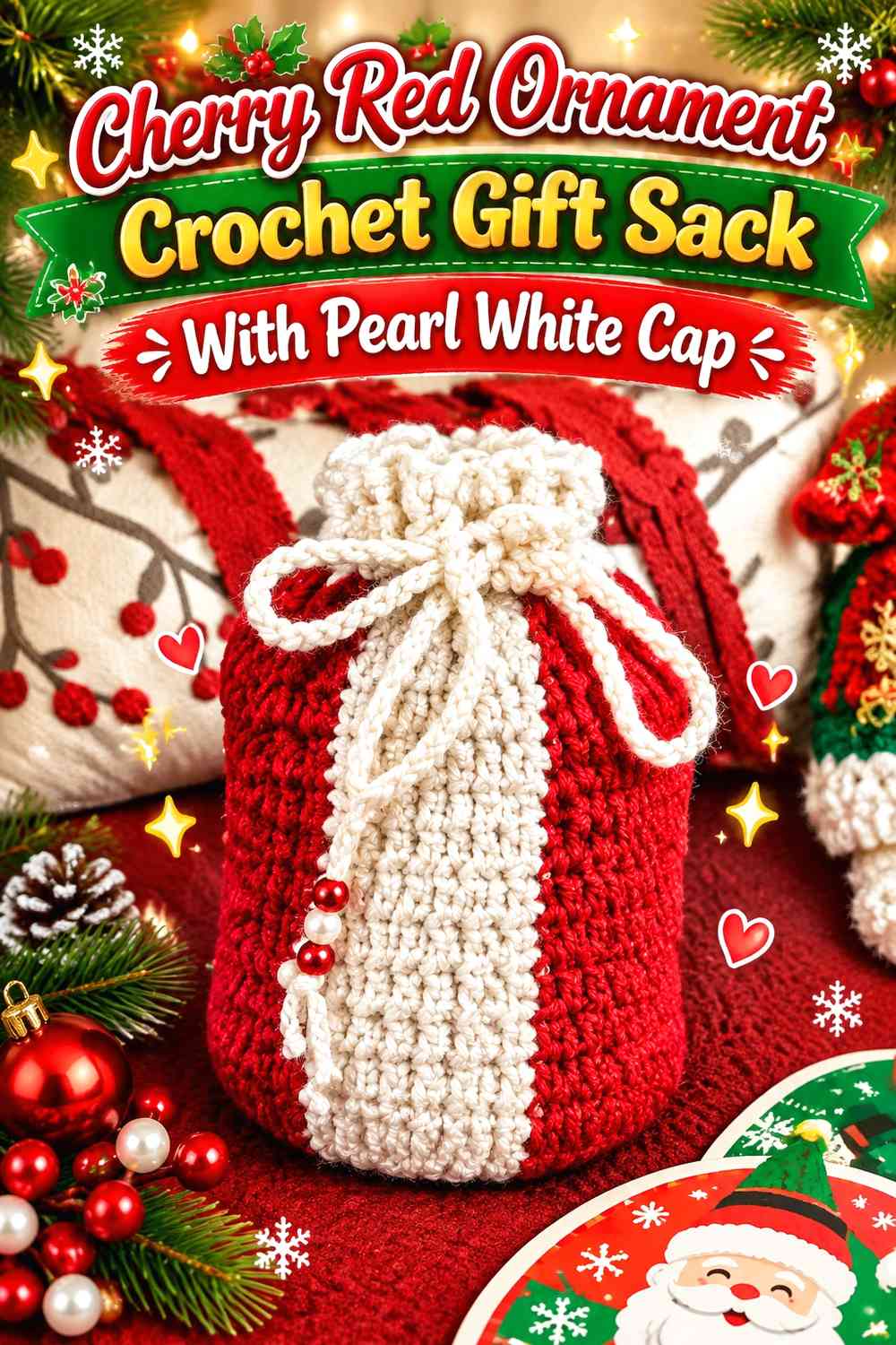 Cherry Red Ornament Crochet Gift Sack With Pearl White Cap