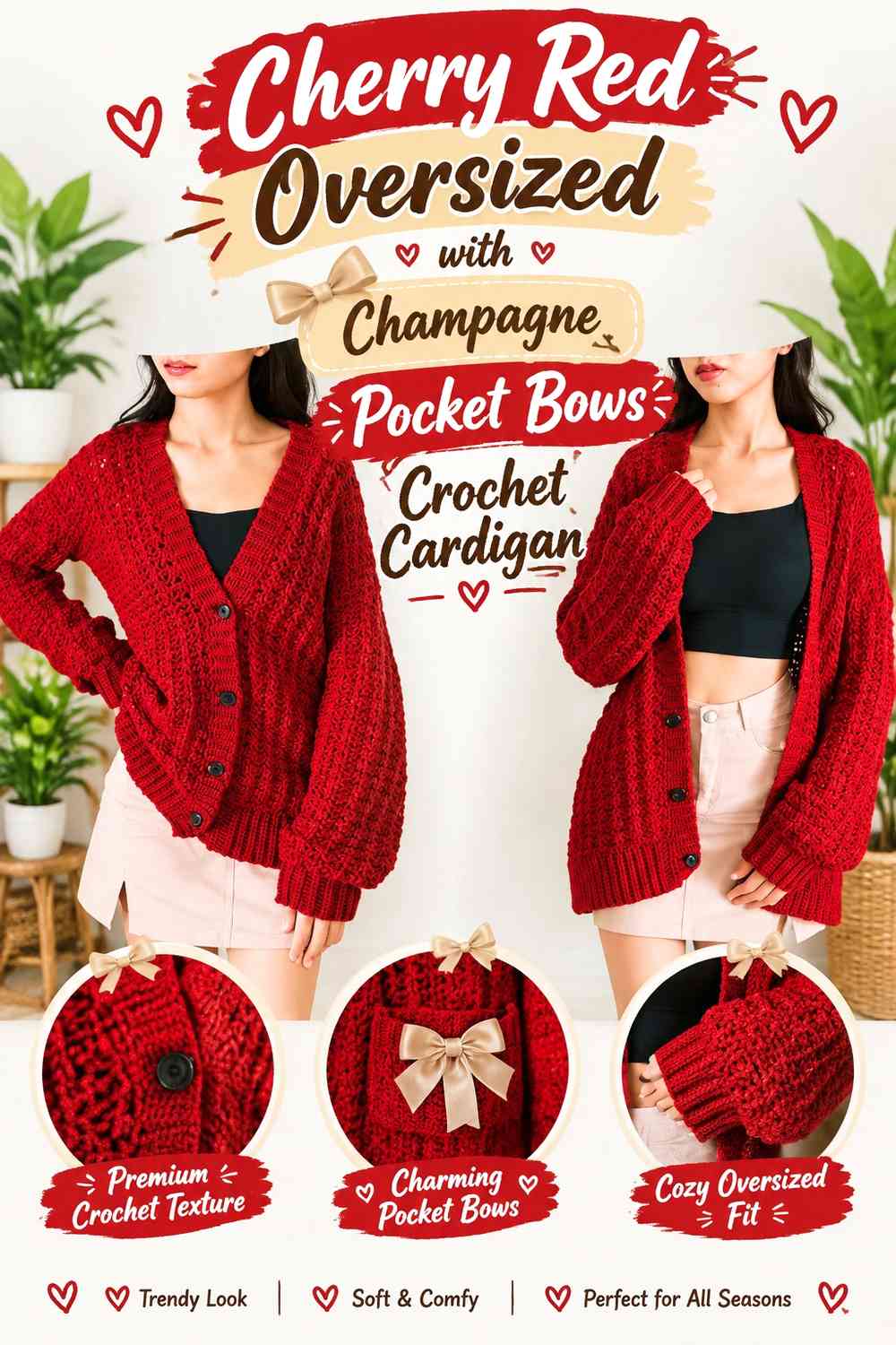 Cherry Red Oversized with Champagne Pocket Bows Crochet Cardigan