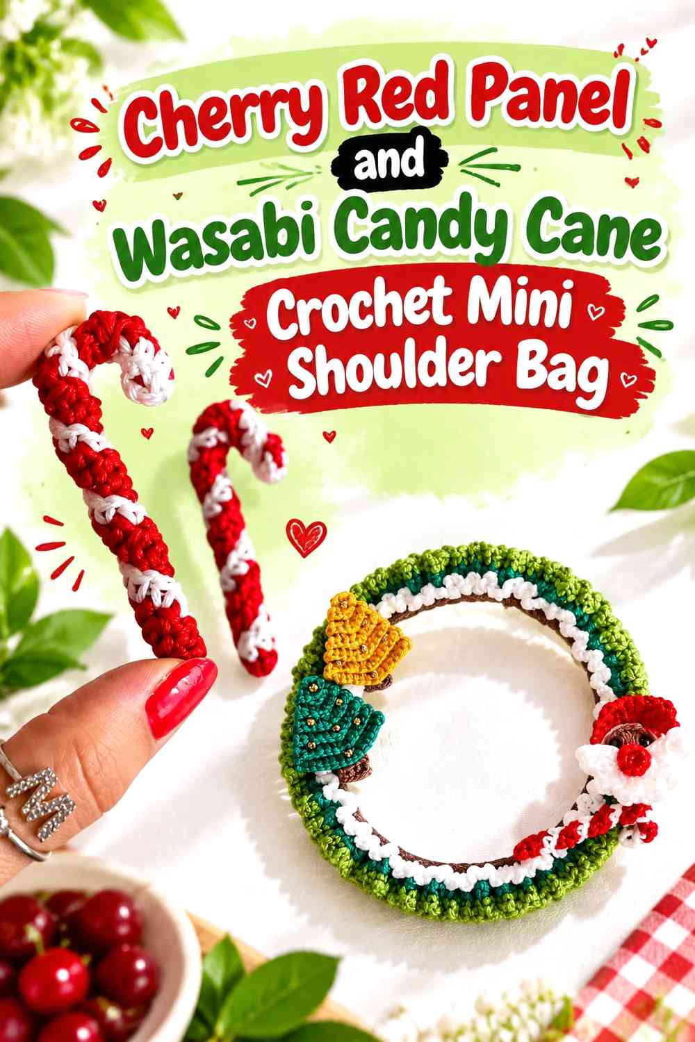 Cherry Red Panel and Wasabi Candy Cane Crochet Mini Shoulder Bag