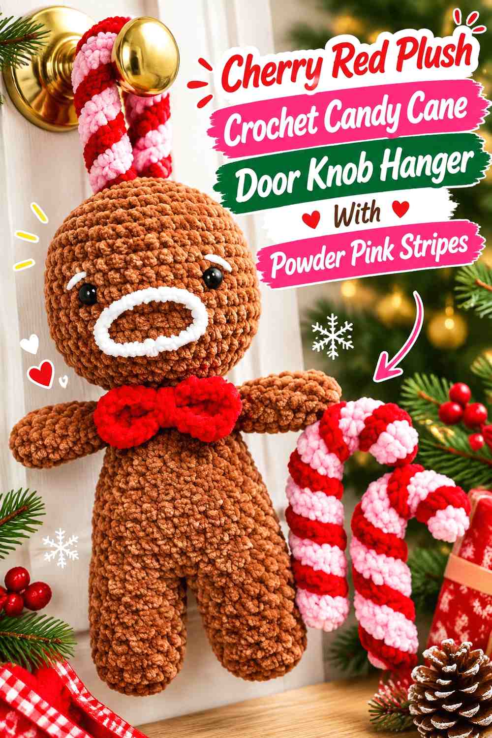 Cherry Red Plush Crochet Candy Cane Door Knob Hanger With Powder Pink Stripes