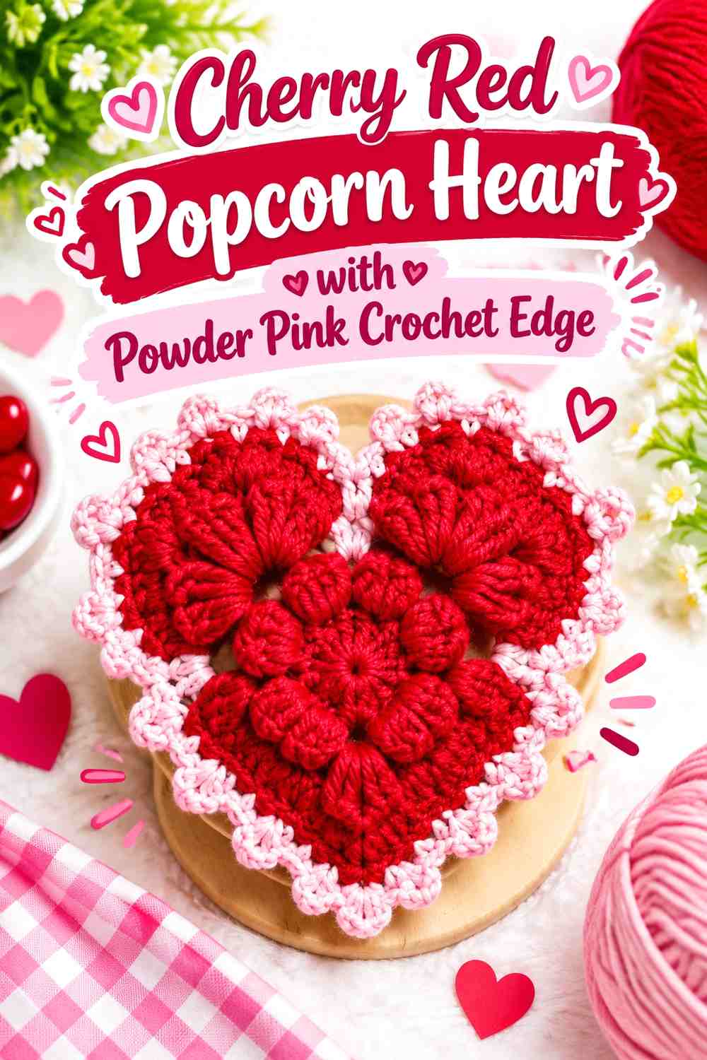 Cherry Red Popcorn Heart with Powder Pink Crochet Edge