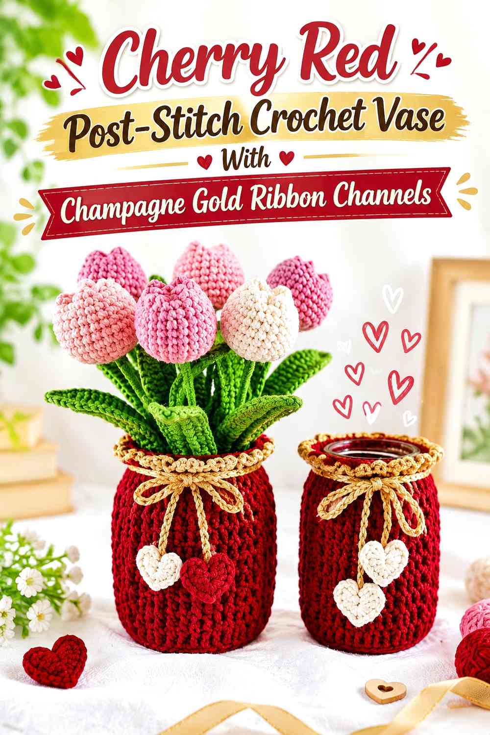 Cherry Red Post-Stitch Crochet Vase With Champagne Gold Ribbon Channels