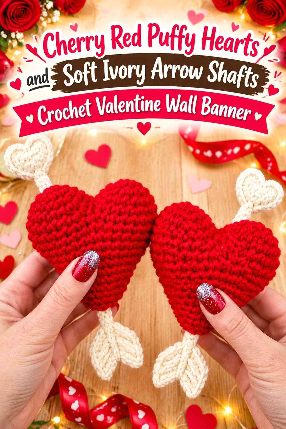 Cherry Red Puffy Hearts and Soft Ivory Arrow Shafts Crochet Valentine Wall Banner