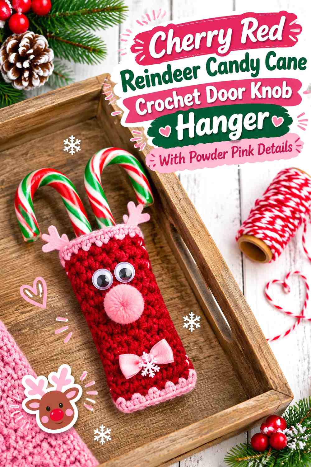 Cherry Red Reindeer Candy Cane Crochet Door Knob Hanger With Powder Pink Details
