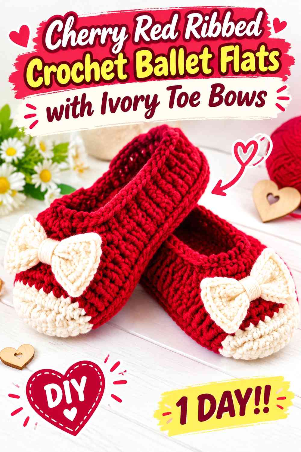 Cherry Red Ribbed Crochet Ballet Flats with Ivory Toe Bows