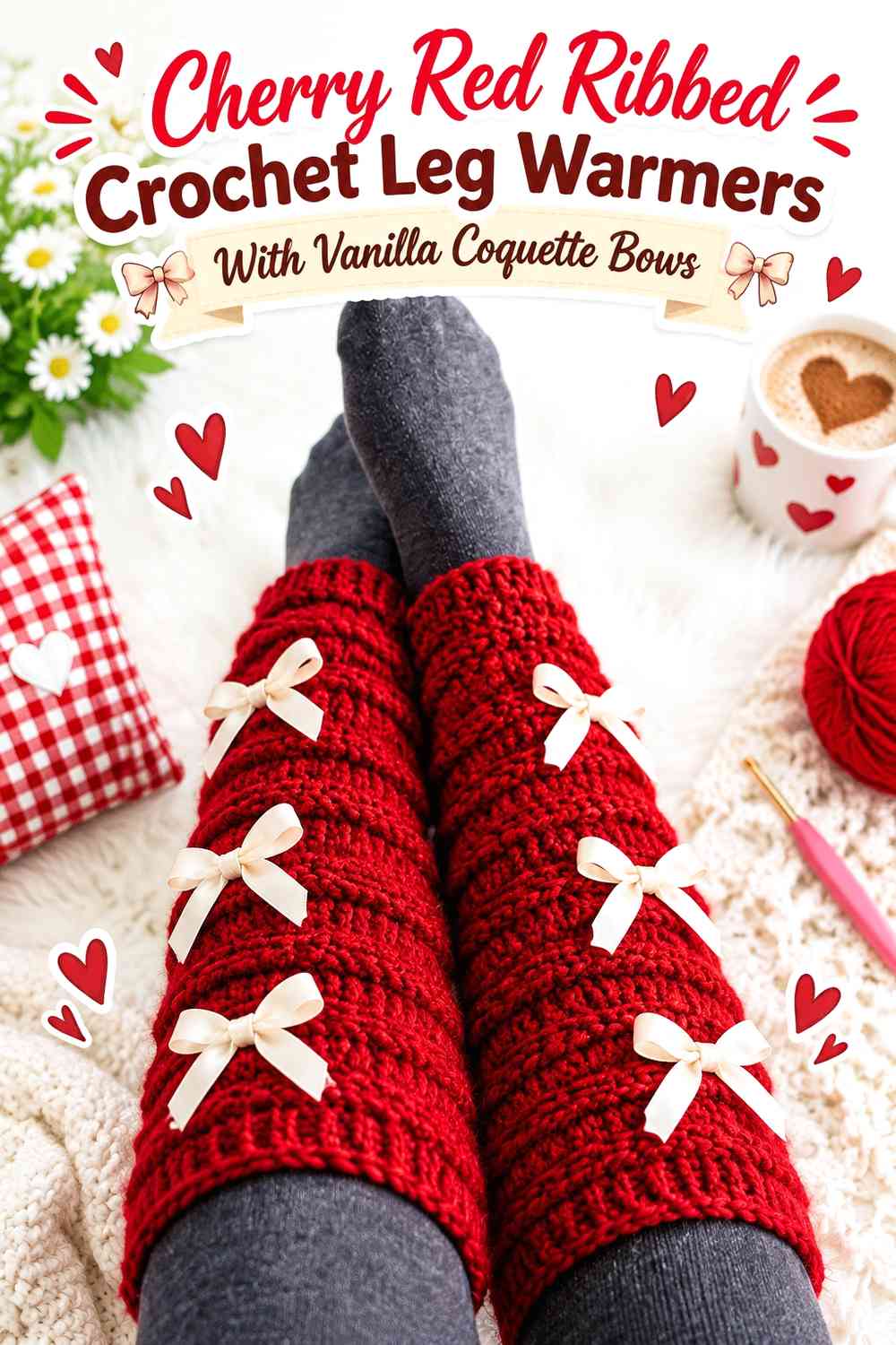 Cherry Red Ribbed Crochet Leg Warmers With Vanilla Coquette Bows
