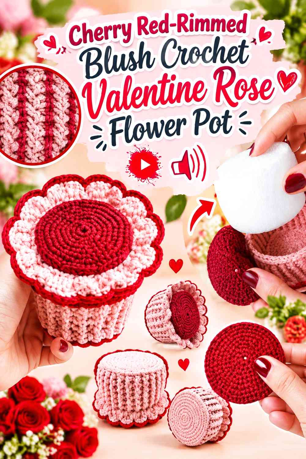 Cherry Red-Rimmed Blush Crochet Valentine Rose Flower Pot
