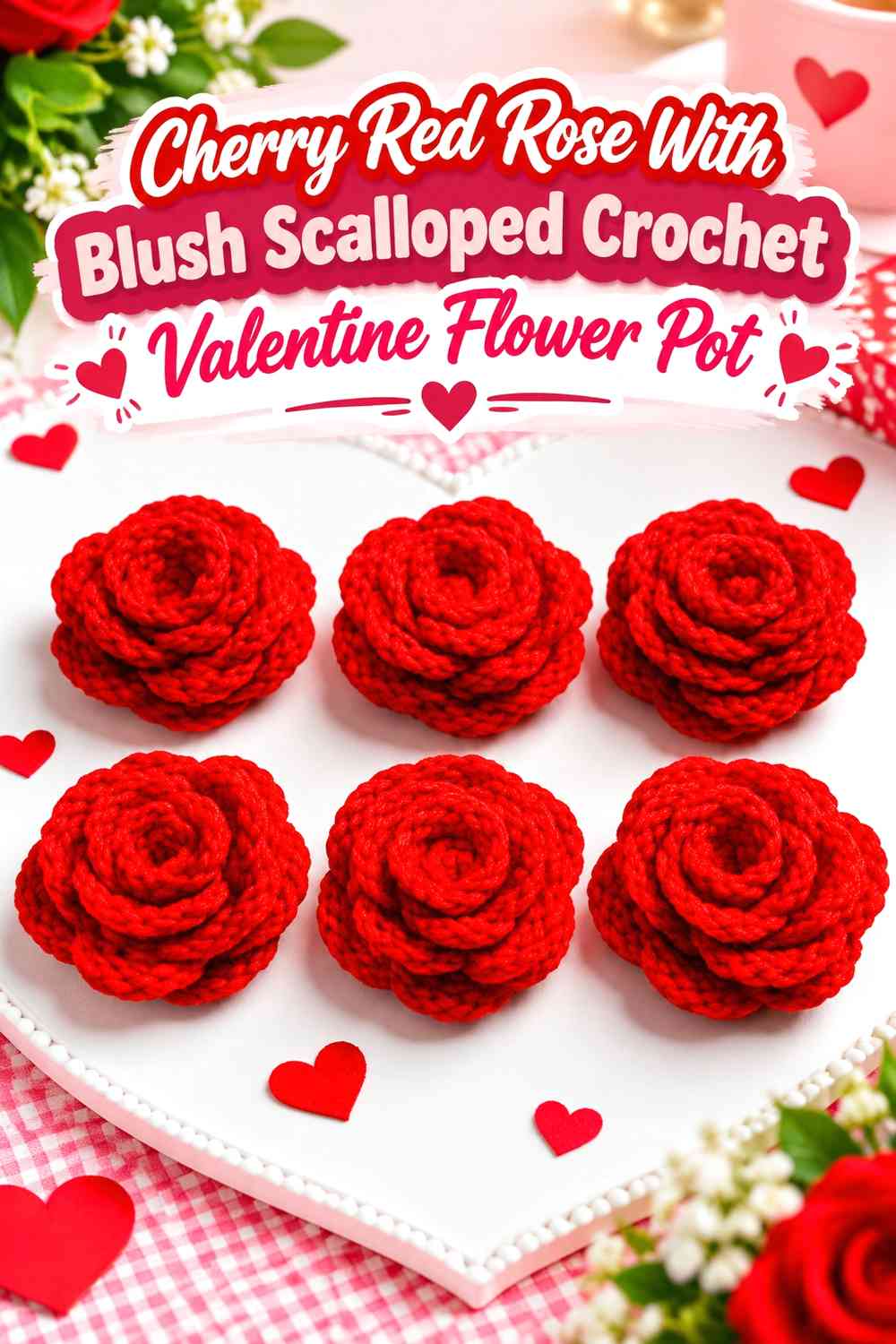 Cherry Red Rose With Blush Scalloped Crochet Valentine Flower Pot