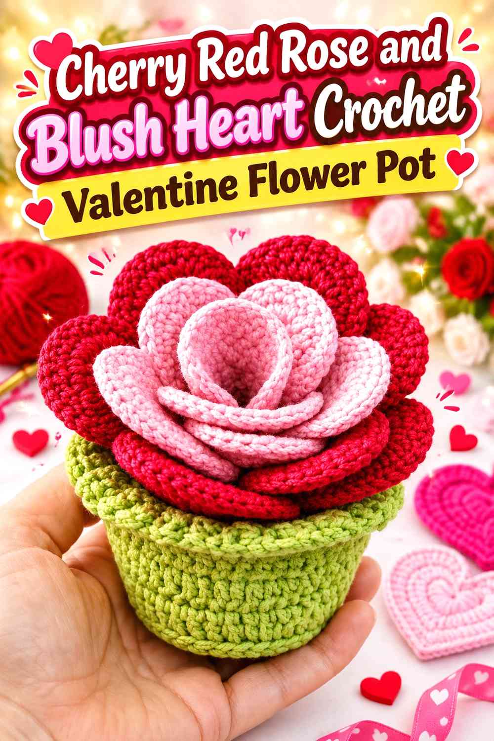Cherry Red Rose and Blush Heart Crochet Valentine Flower Pot