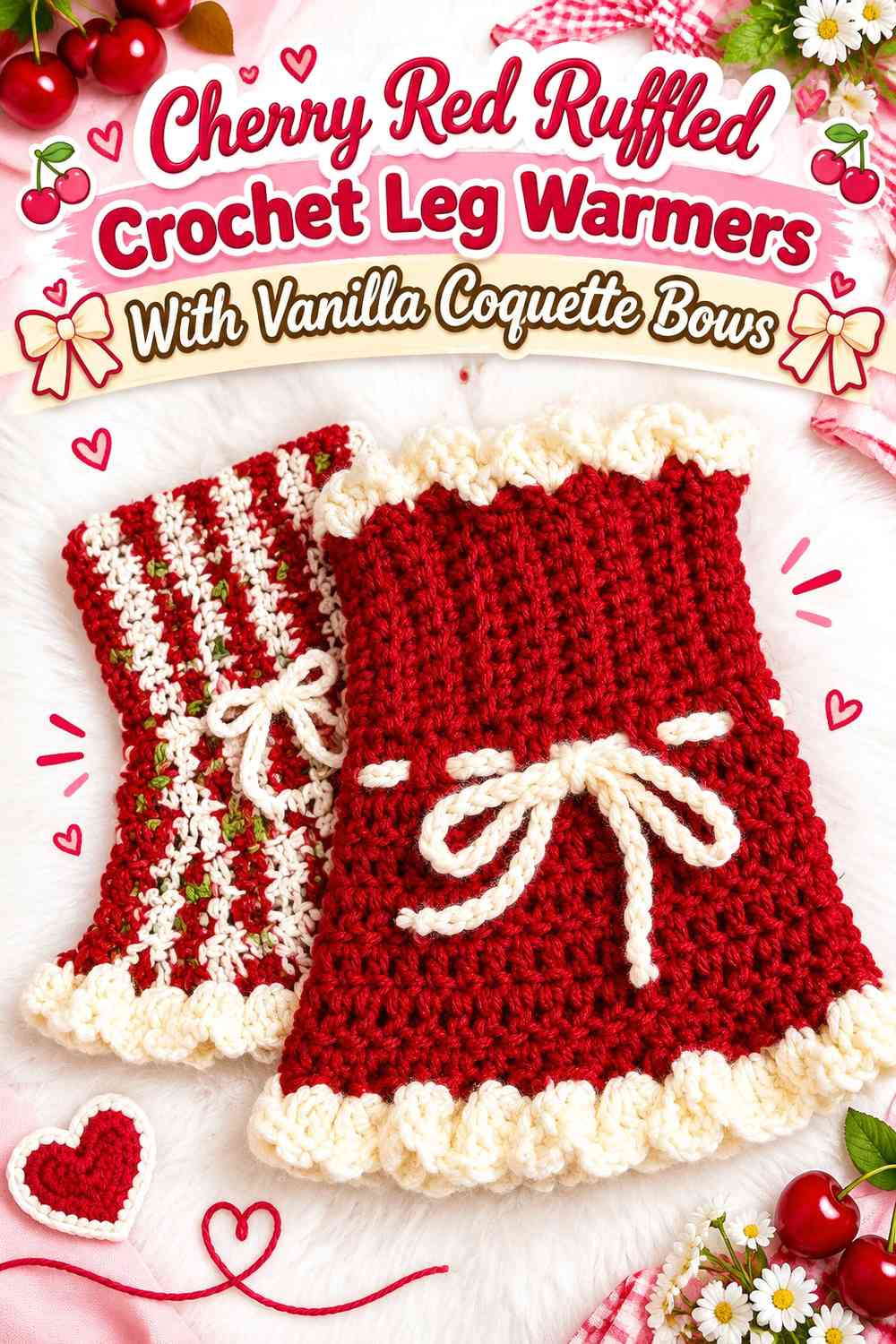 Cherry Red Ruffled Crochet Leg Warmers With Vanilla Coquette Bows
