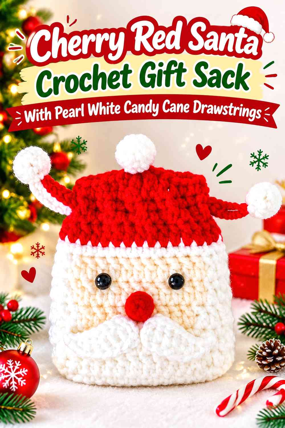 Cherry Red Santa Crochet Gift Sack With Pearl White Candy Cane Drawstrings
