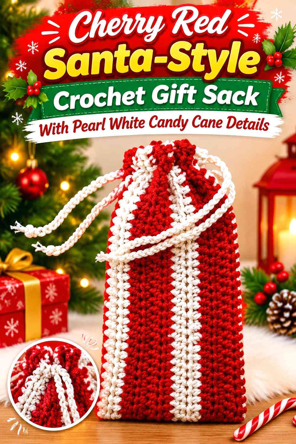 Cherry Red Santa-Style Crochet Gift Sack With Pearl White Candy Cane Details