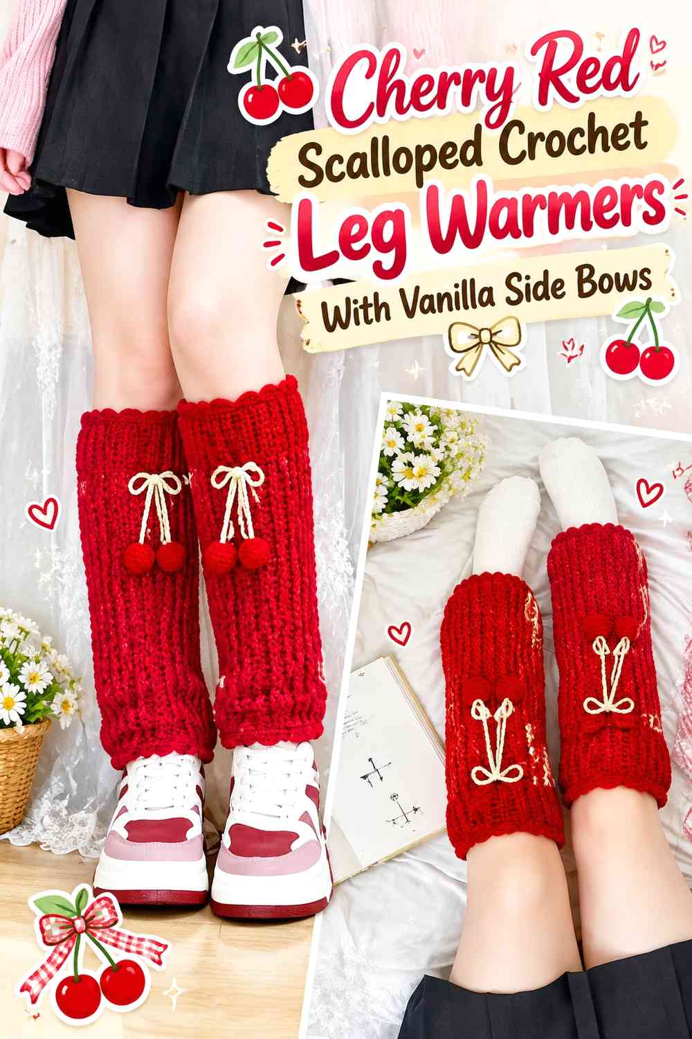 Cherry Red Scalloped Crochet Leg Warmers With Vanilla Side Bows