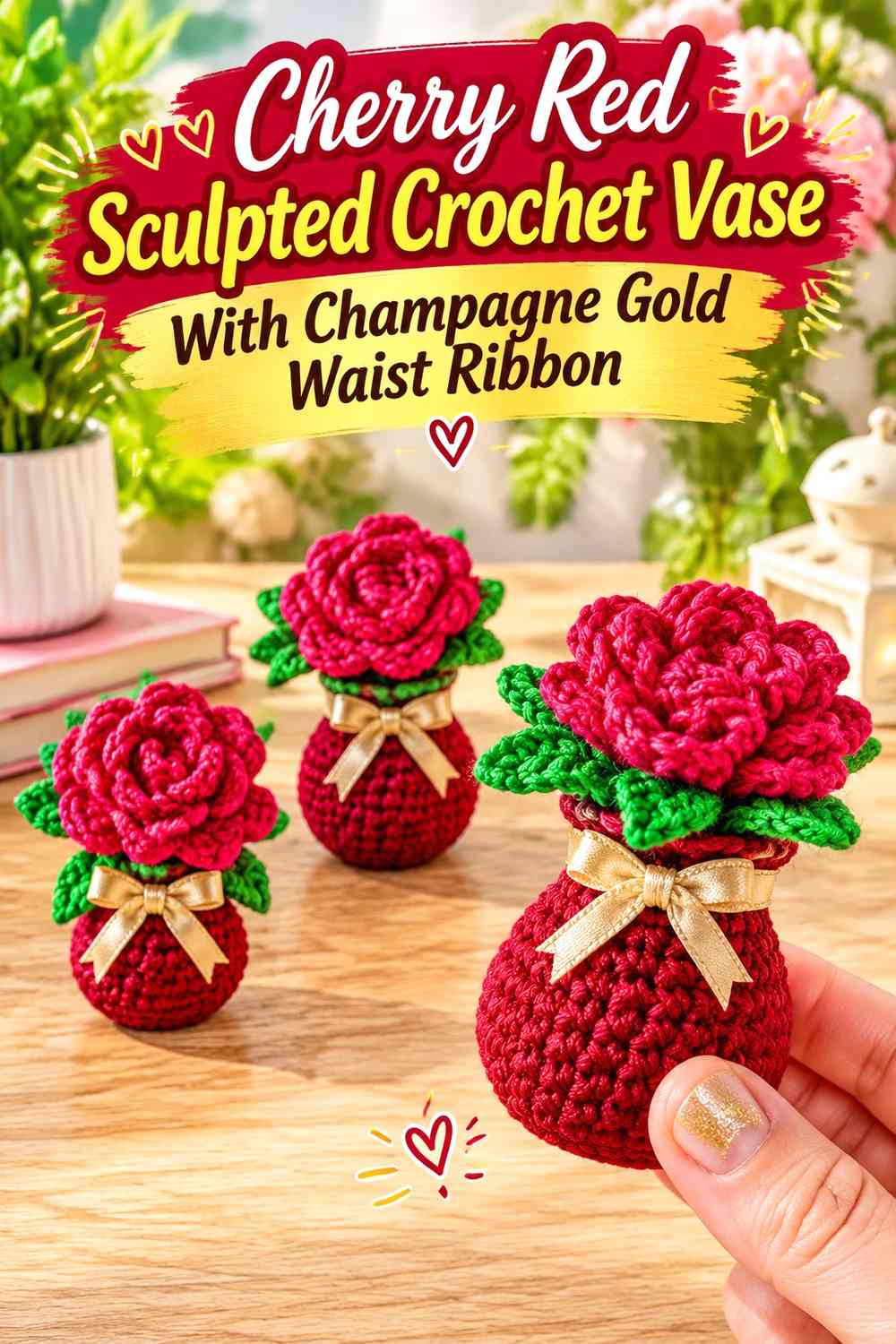 Cherry Red Sculpted Crochet Vase With Champagne Gold Waist Ribbon
