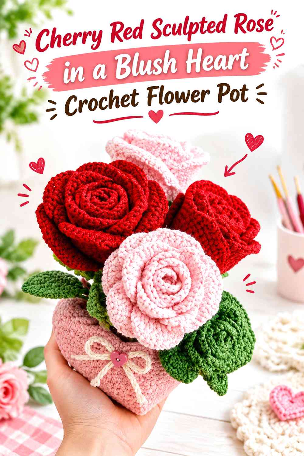 Cherry Red Sculpted Rose in a Blush Heart Crochet Flower Pot