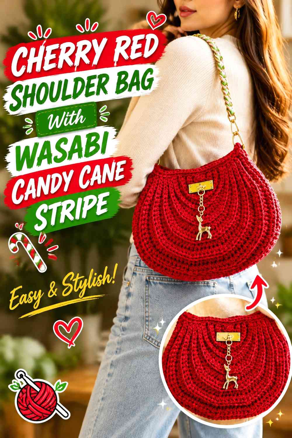 Cherry Red Shoulder Bag With Wasabi Candy Cane Stripe
