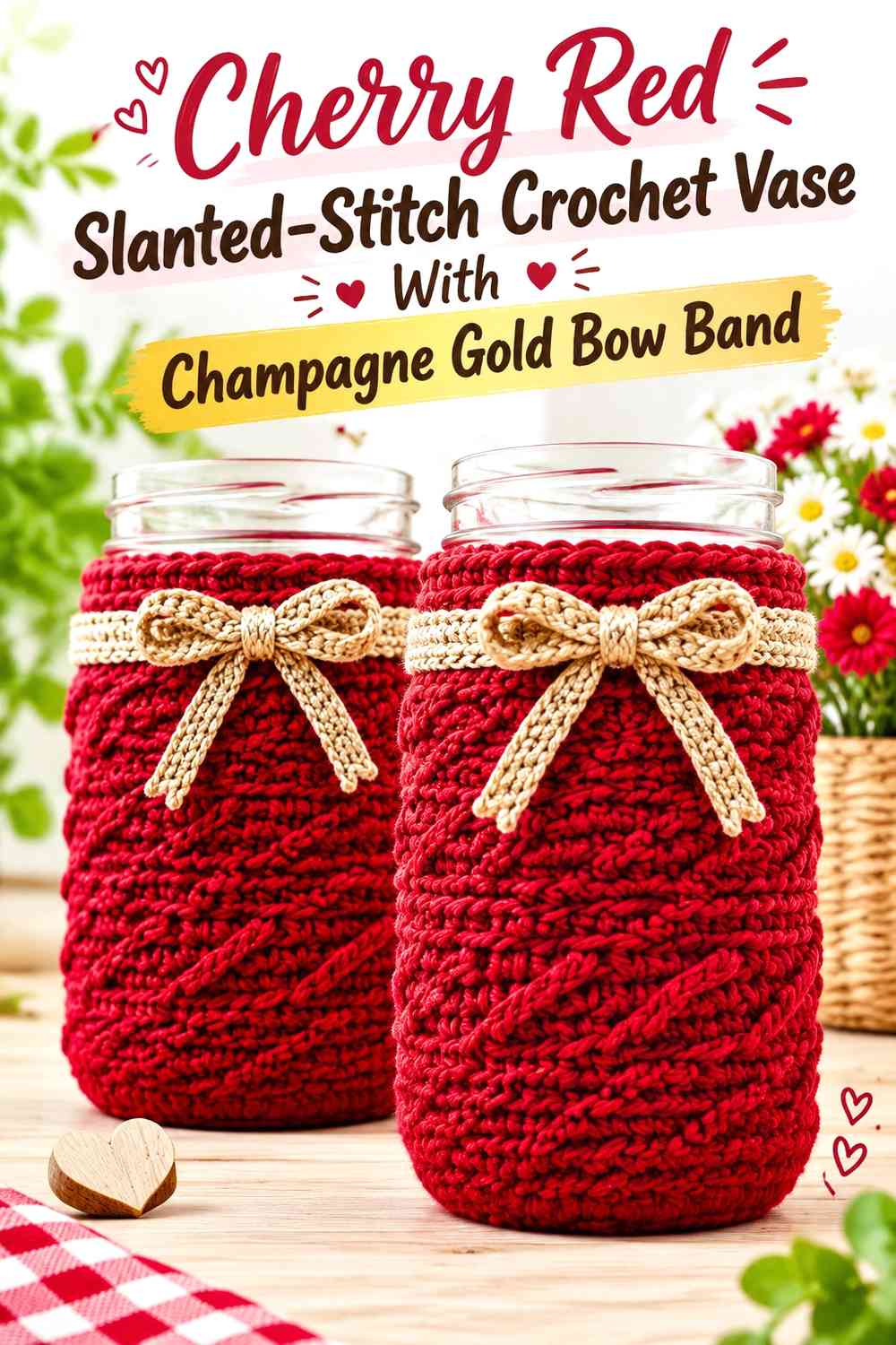 Cherry Red Slanted-Stitch Crochet Vase With Champagne Gold Bow Band
