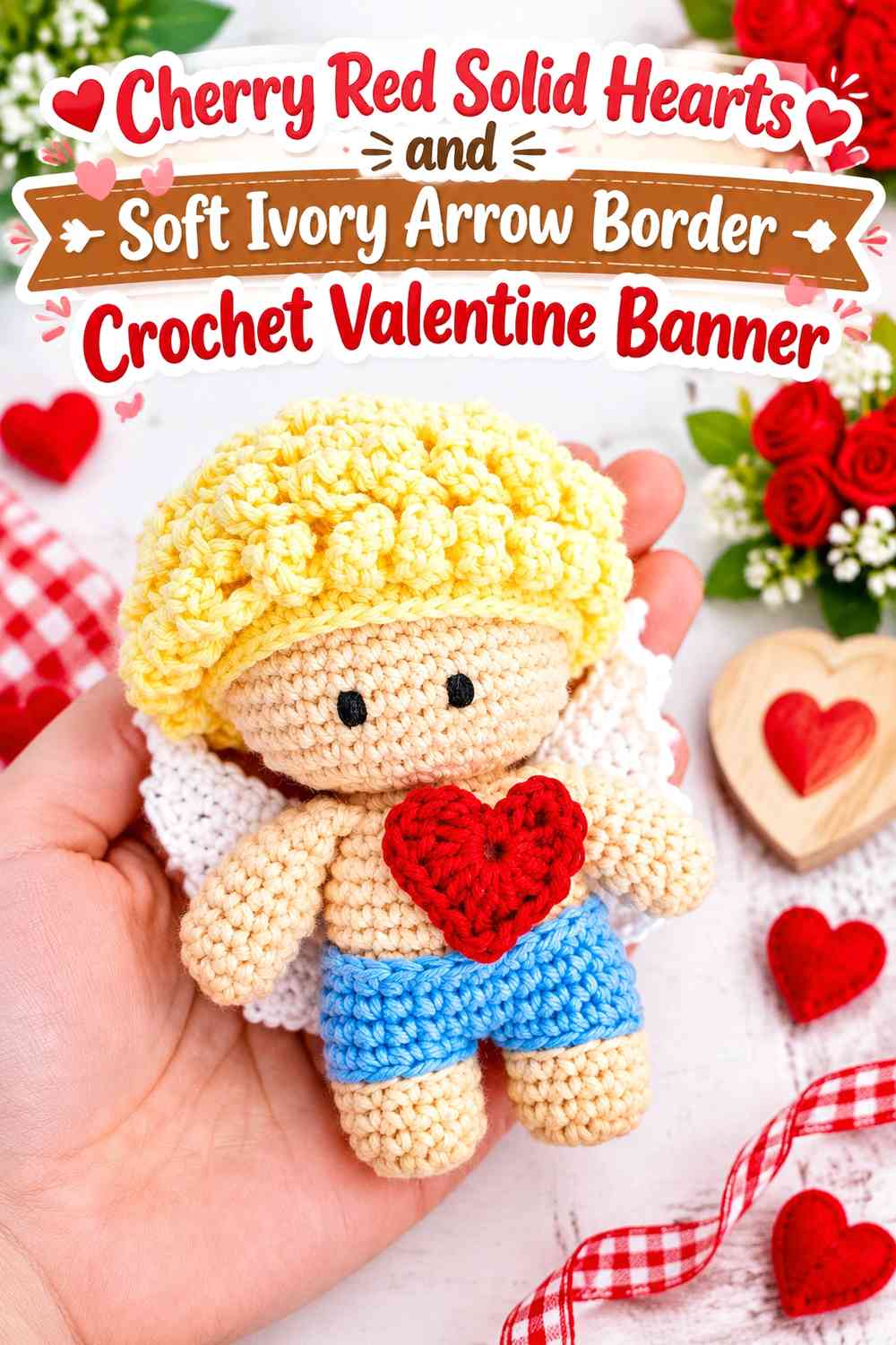 Cherry Red Solid Hearts and Soft Ivory Arrow Border Crochet Valentine Banner