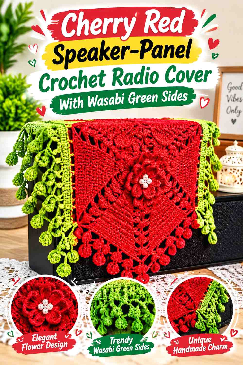 Cherry Red Speaker-Panel Crochet Radio Cover With Wasabi Green Sides