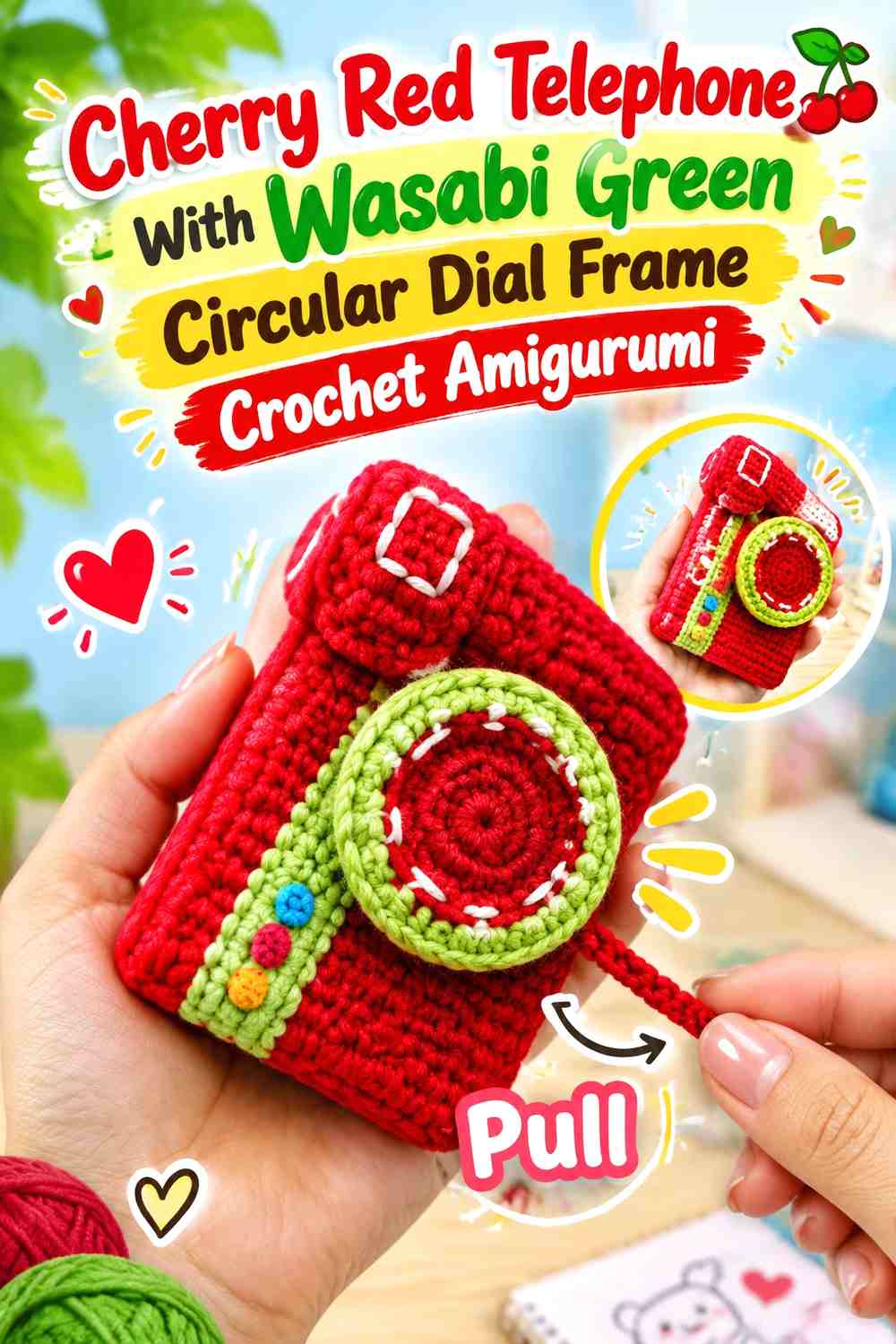 Cherry Red Telephone With Wasabi Green Circular Dial Frame Crochet Amigurumi