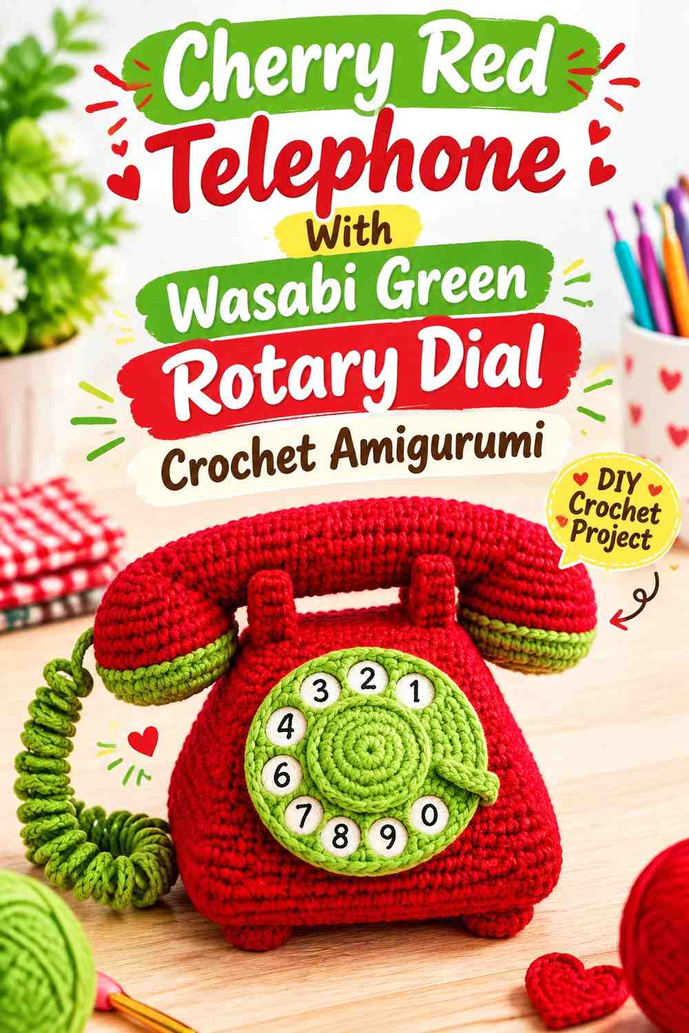 Cherry Red Telephone With Wasabi Green Rotary Dial Crochet Amigurumi