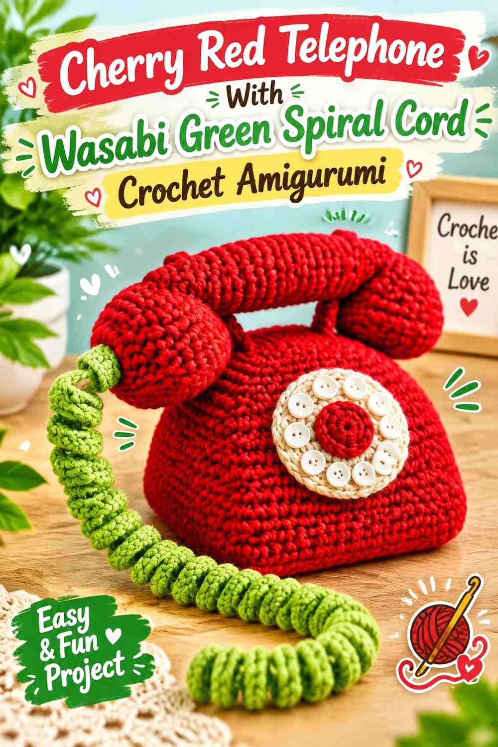 Cherry Red Telephone With Wasabi Green Spiral Cord Crochet Amigurumi