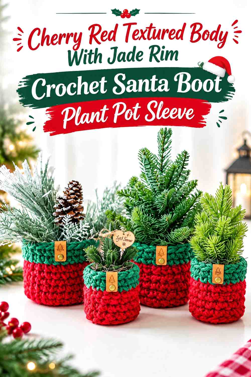 Cherry Red Textured Body With Jade Rim Crochet Santa Boot Plant Pot Sleeve