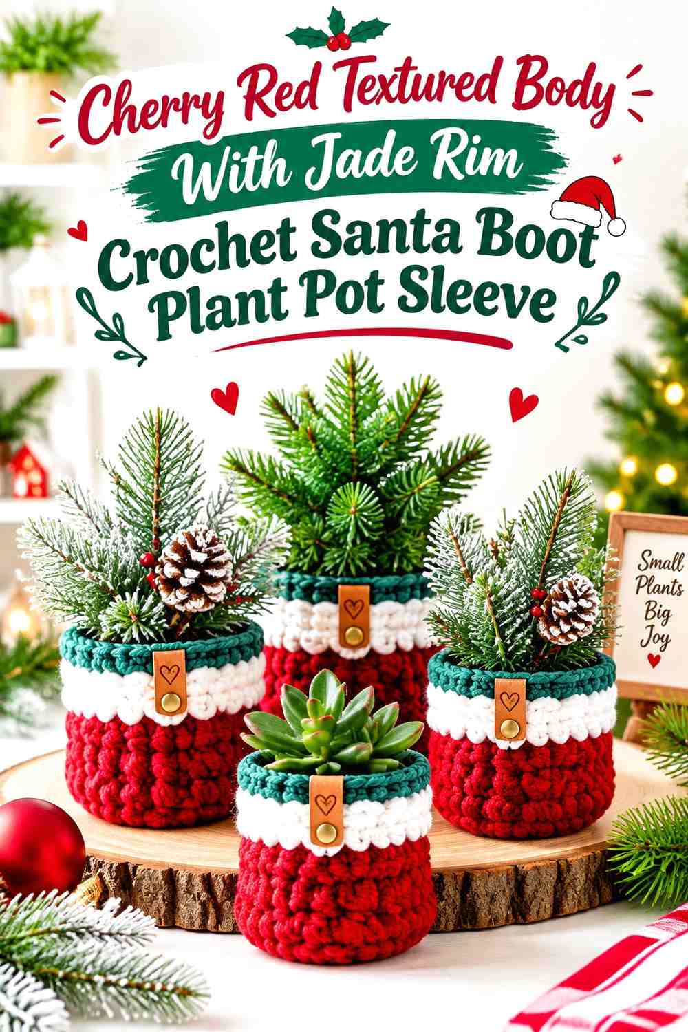 Cherry Red Textured Body With Jade Rim Crochet Santa Boot Plant Pot Sleeve