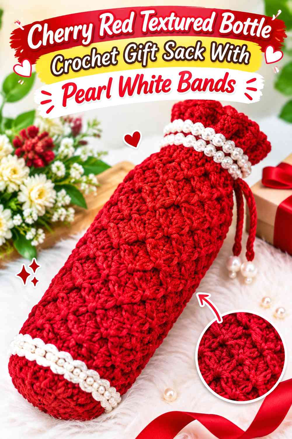 Cherry Red Textured Bottle Crochet Gift Sack With Pearl White Bands