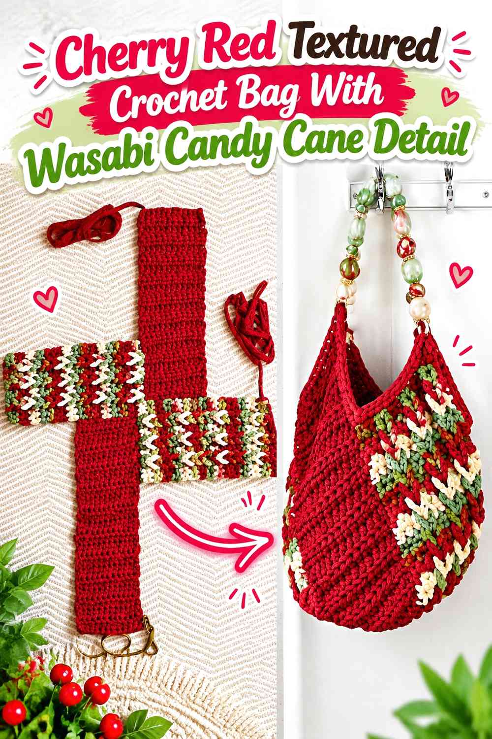 Cherry Red Textured Crochet Bag With Wasabi Candy Cane Detail