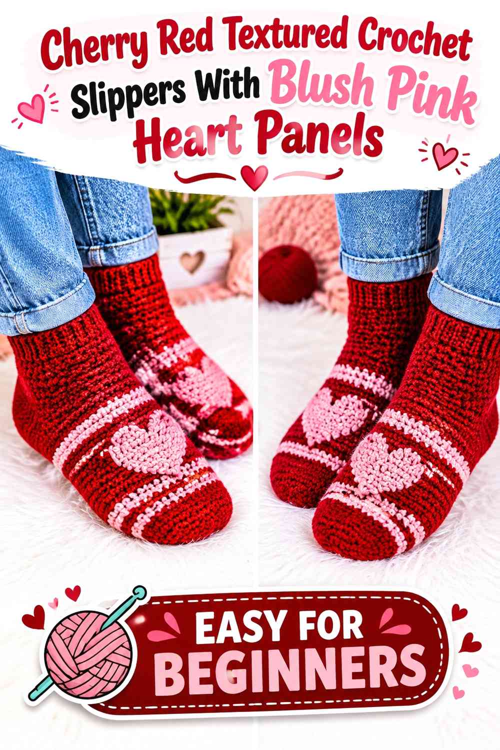 Cherry Red Textured Crochet Slippers With Blush Pink Heart Panels