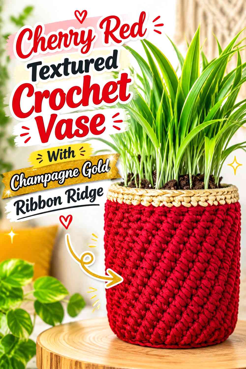 Cherry Red Textured Crochet Vase With Champagne Gold Ribbon Ridge