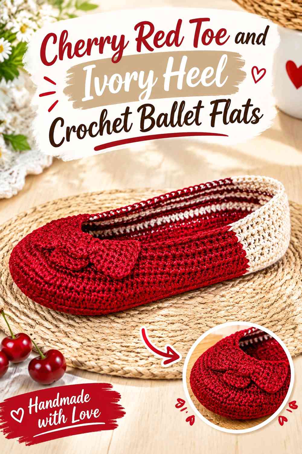 Cherry Red Toe and Ivory Heel Crochet Ballet Flats