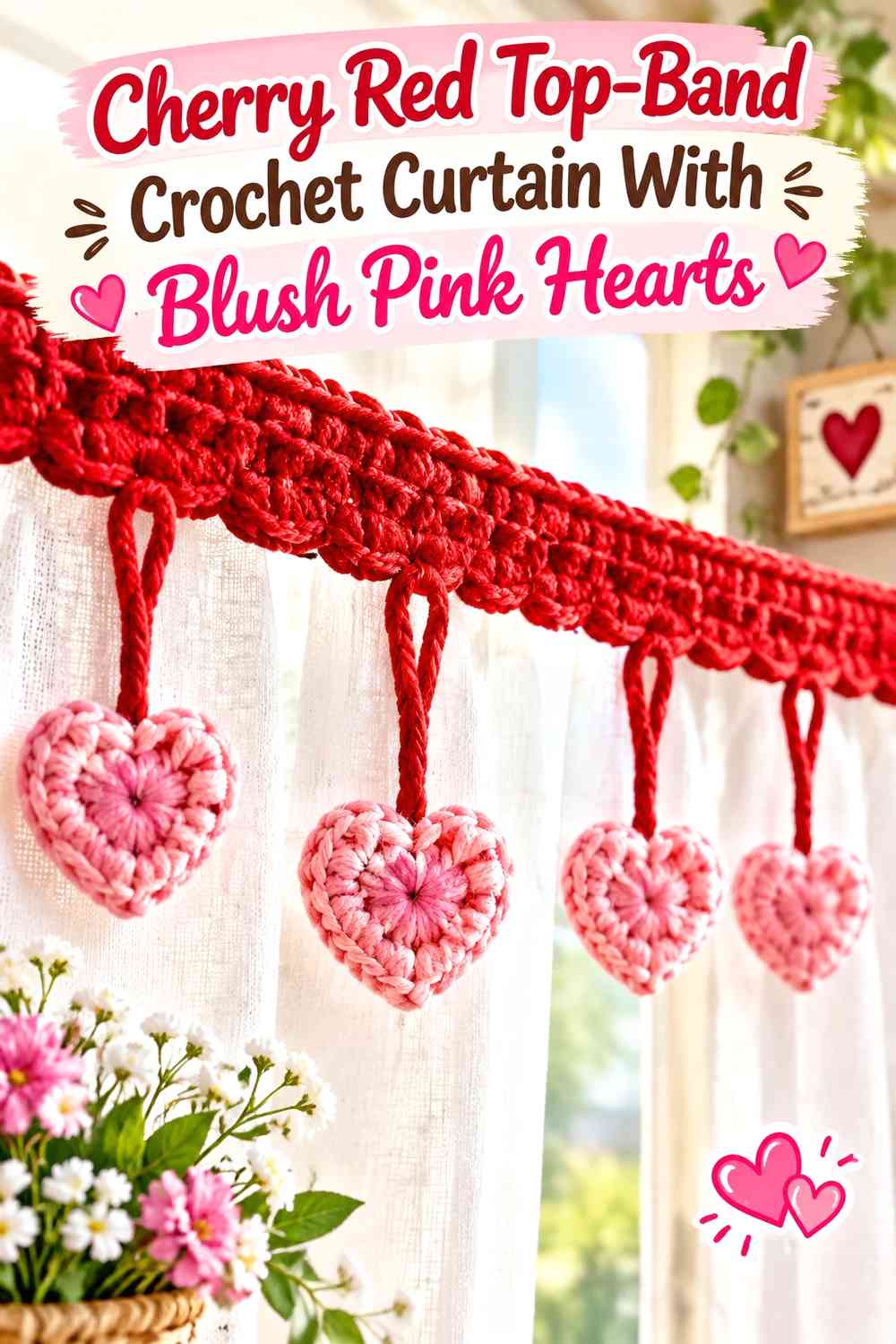 Cherry Red Top-Band Crochet Curtain With Blush Pink Hearts