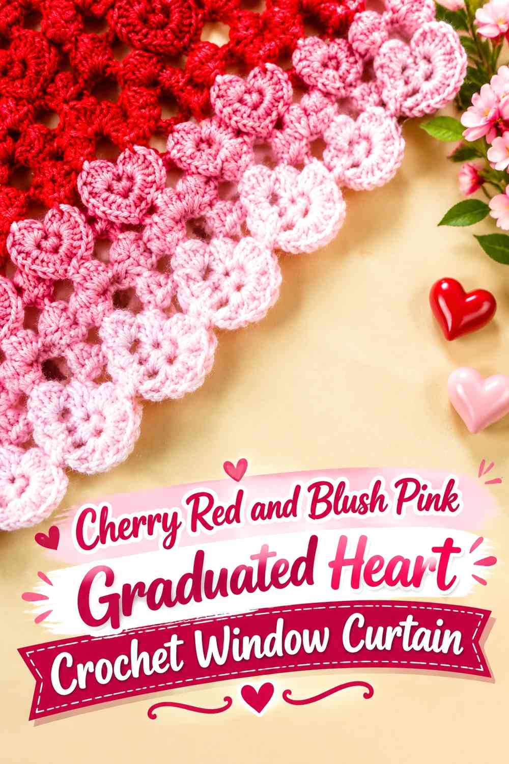 Cherry Red and Blush Pink Graduated Heart Crochet Window Curtain