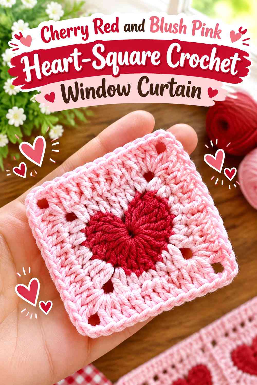 Cherry Red and Blush Pink Heart-Square Crochet Window Curtain