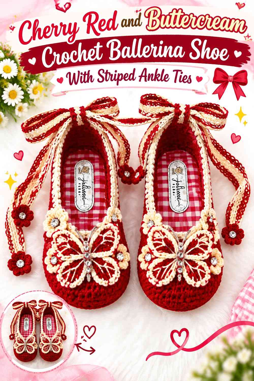 Cherry Red and Buttercream Crochet Ballerina Shoe With Striped Ankle Ties