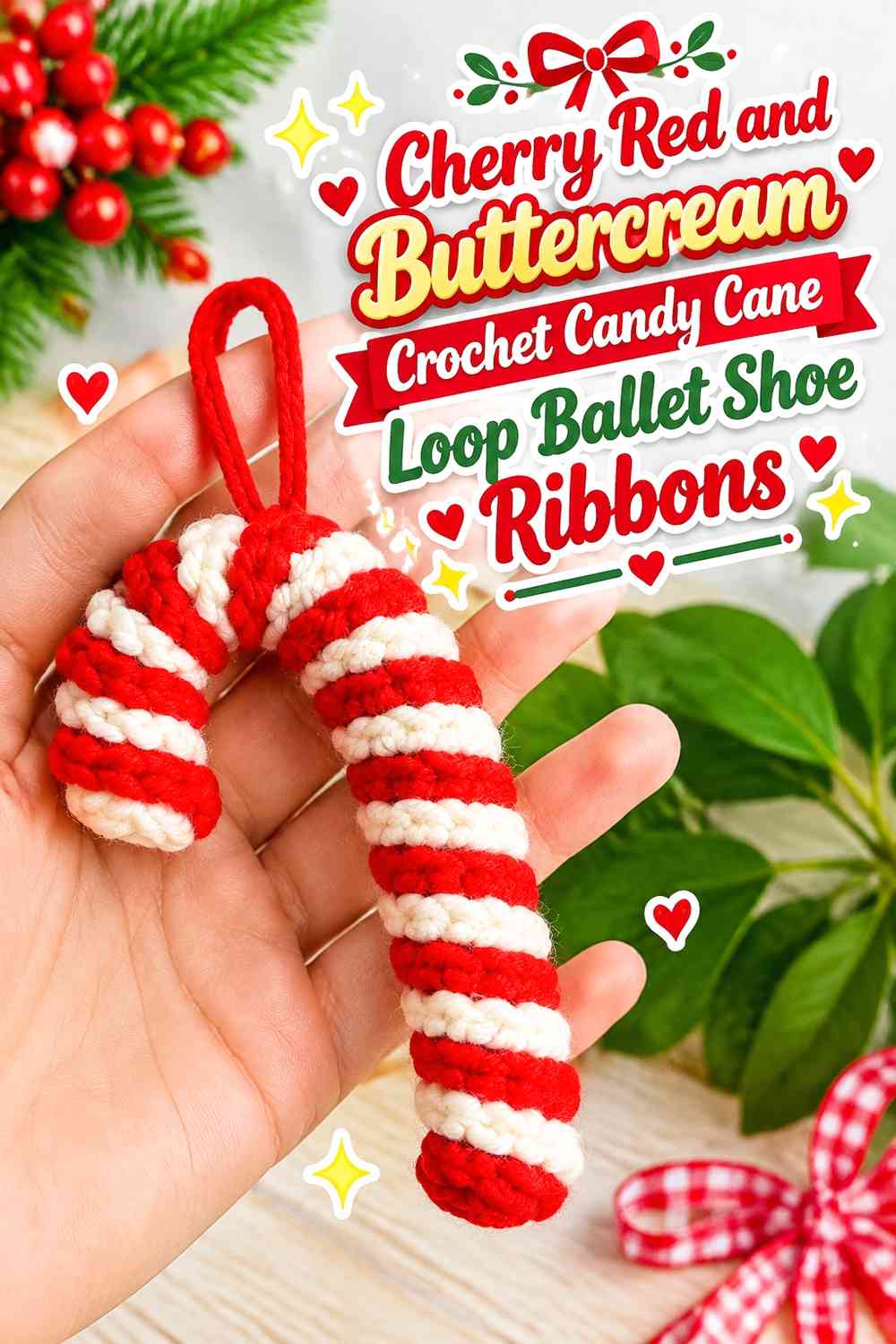 Cherry Red and Buttercream Crochet Candy Cane Loop Ballet Shoe Ribbons