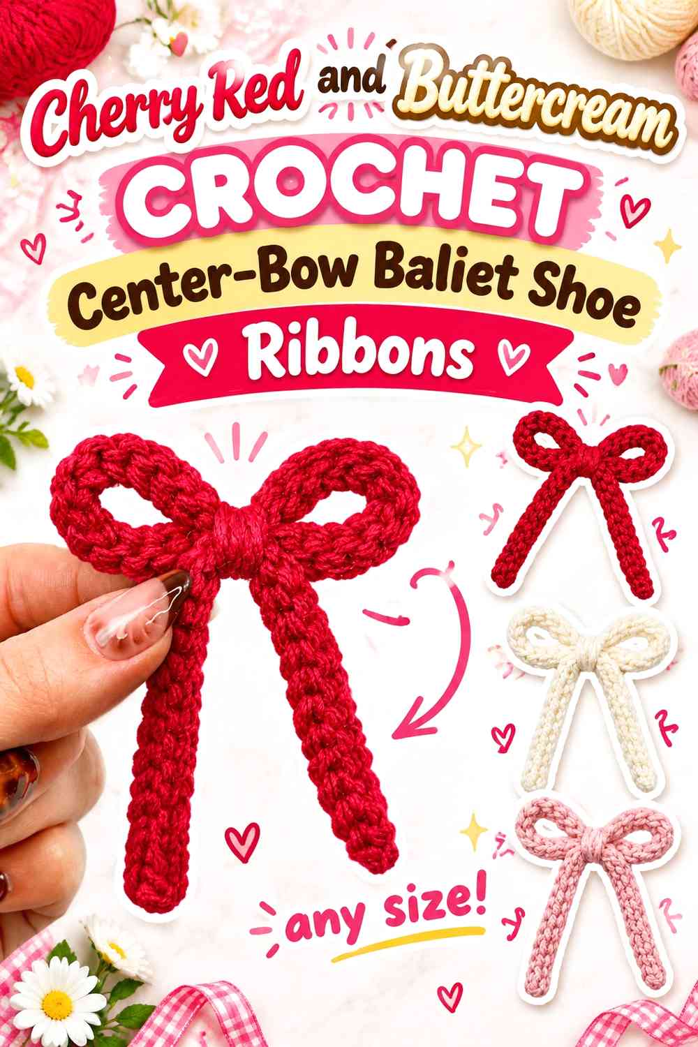 Cherry Red and Buttercream Crochet Center-Bow Ballet Shoe Ribbons